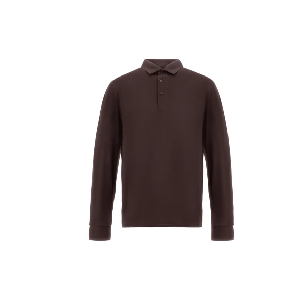 Herno Dark Brown Resort Long-Sleeve Polo Shirt in Wool Jersey with a Shiny Finish | Men's T-Shirts and Polos | Coveti