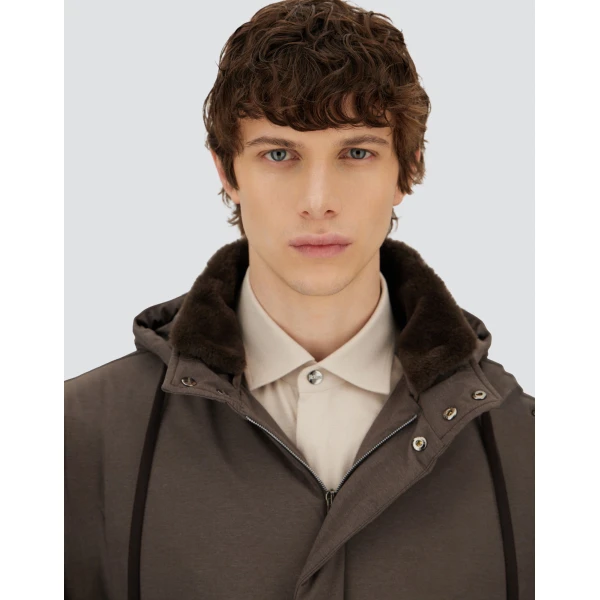 Herno Dark Brown Resort Parka in Melange-Effect Stretch Nylon and Light Faux Fur | Men's Coats | Coveti