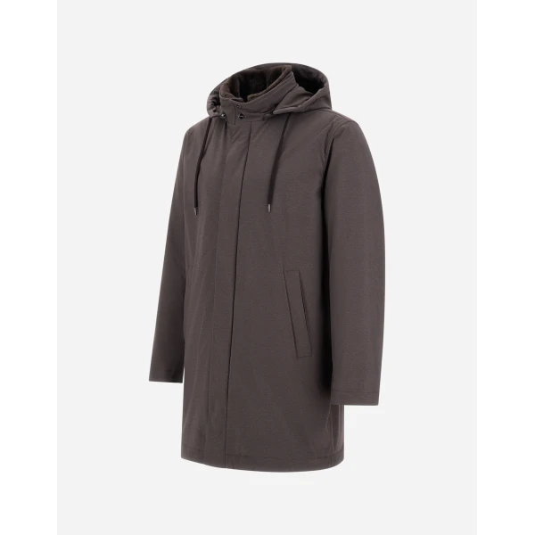 Herno Dark Brown Resort Parka in Melange-Effect Stretch Nylon and Light Faux Fur | Men's Coats | Coveti