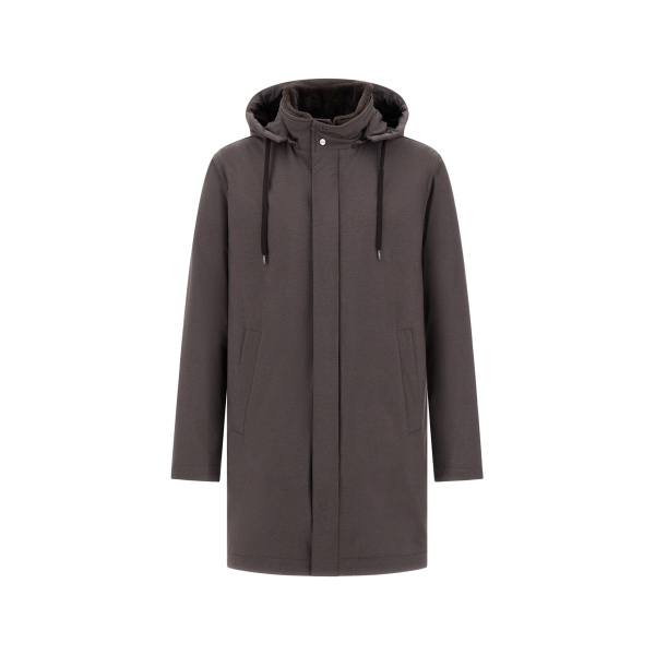Herno Dark Brown Resort Parka in Melange-Effect Stretch Nylon and Light Faux Fur | Men's Coats | Coveti