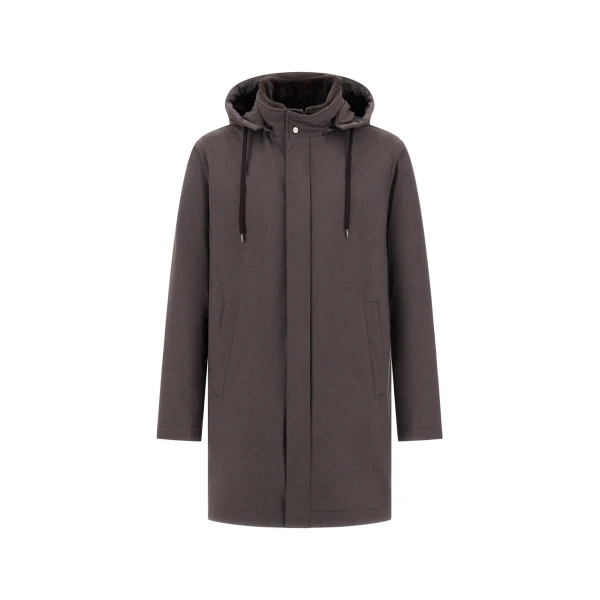 Herno Dark Brown Resort Parka in Melange-Effect Stretch Nylon and Light Faux Fur | Men's Coats | Coveti