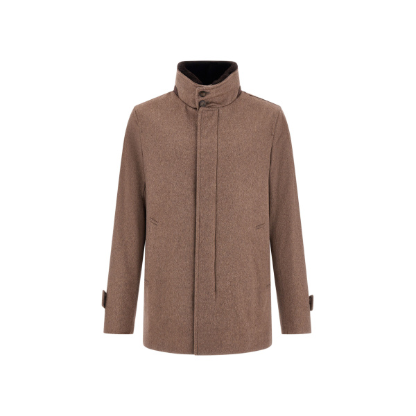Herno Dark Taupe Short Coat in Pure Cashmere and Suede Effect | Men's Coats | Coveti