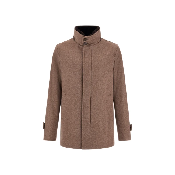 Herno Dark Taupe Short Coat in Pure Cashmere and Suede Effect | Men's Coats | Coveti