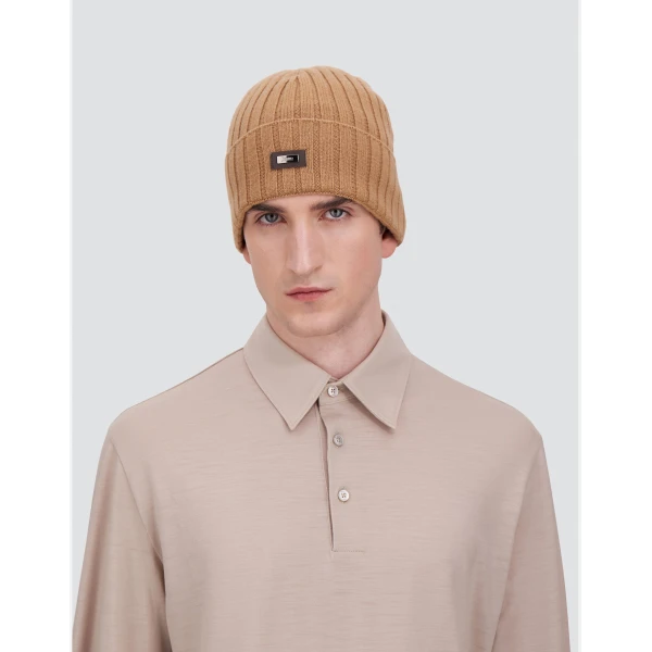 Herno English Rib Cashmere Beanie in Camel | Men's Hats | Coveti