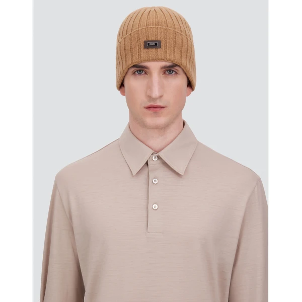 Herno English Rib Cashmere Beanie in Camel | Men's Hats | Coveti