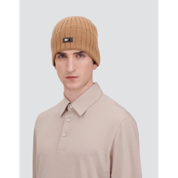 Herno English Rib Cashmere Beanie in Camel | Men's Hats | Coveti
