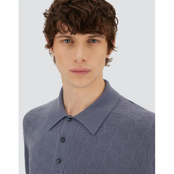 Herno Light Blue Resort Polo Shirt in Woven Stitch Wool Knit | Men's T-Shirts and Polos | Coveti