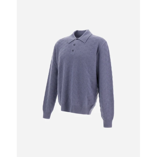 Herno Light Blue Resort Polo Shirt in Woven Stitch Wool Knit | Men's T-Shirts and Polos | Coveti