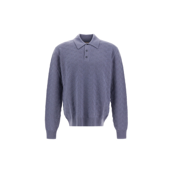 Herno Light Blue Resort Polo Shirt in Woven Stitch Wool Knit | Men's T-Shirts and Polos | Coveti