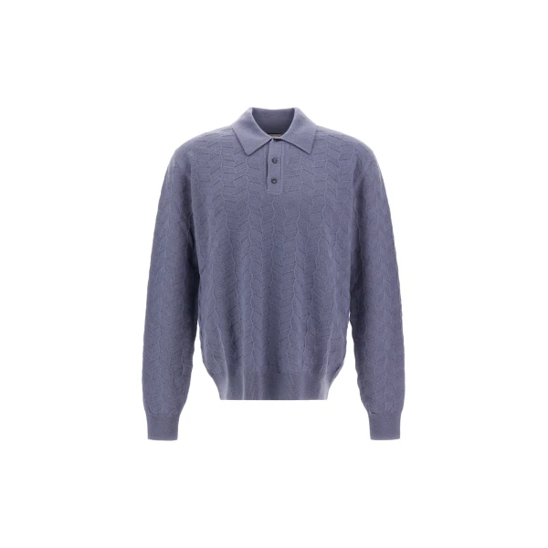 Herno Light Blue Resort Polo Shirt in Woven Stitch Wool Knit | Men's T-Shirts and Polos | Coveti