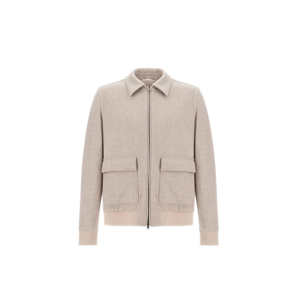 Herno Light Taupe Resort Bomber Jacket in Wool and Cashmere Woven Fabric | Men's Jackets | Coveti