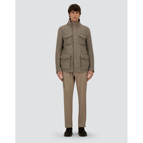 Herno Light Taupe Resort Field Jacket in Bouclé Wool Fabric and Suede-Effect Microfibre | Men's Jackets | Coveti