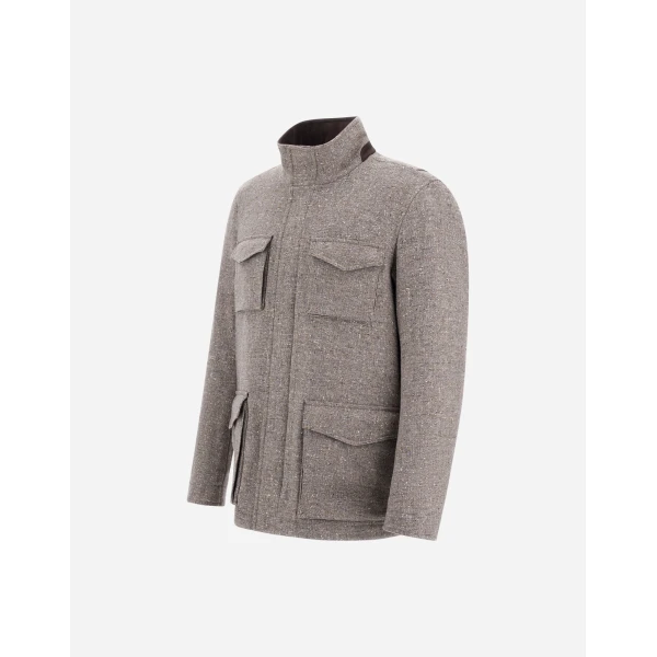 Herno Light Taupe Resort Field Jacket in Bouclé Wool Fabric and Suede-Effect Microfibre | Men's Jackets | Coveti