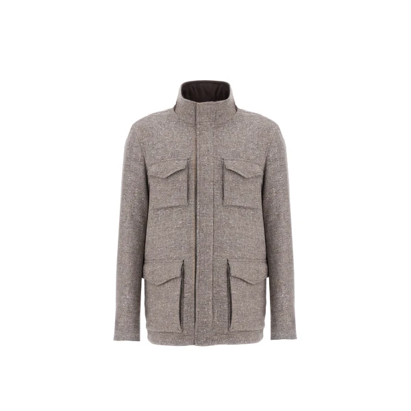 Herno Light Taupe Resort Field Jacket in Bouclé Wool Fabric and Suede-Effect Microfibre | Men's Jackets | Coveti