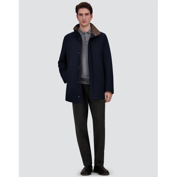 Herno Mélange Twill and Suede Effect Coat in Navy Blue | Men's Coats | Coveti