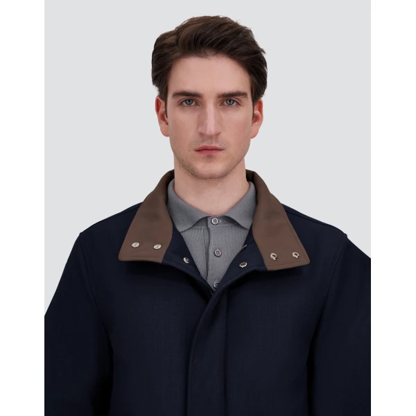 Herno Mélange Twill and Suede Effect Coat in Navy Blue | Men's Coats | Coveti