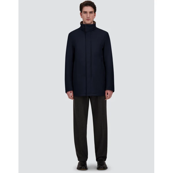 Herno Mélange Twill and Suede Effect Coat in Navy Blue | Men's Coats | Coveti
