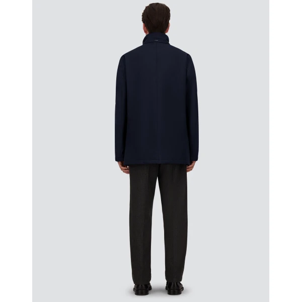 Herno Mélange Twill and Suede Effect Coat in Navy Blue | Men's Coats | Coveti