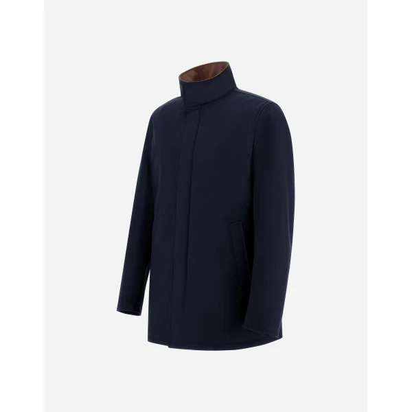 Herno Mélange Twill and Suede Effect Coat in Navy Blue | Men's Coats | Coveti