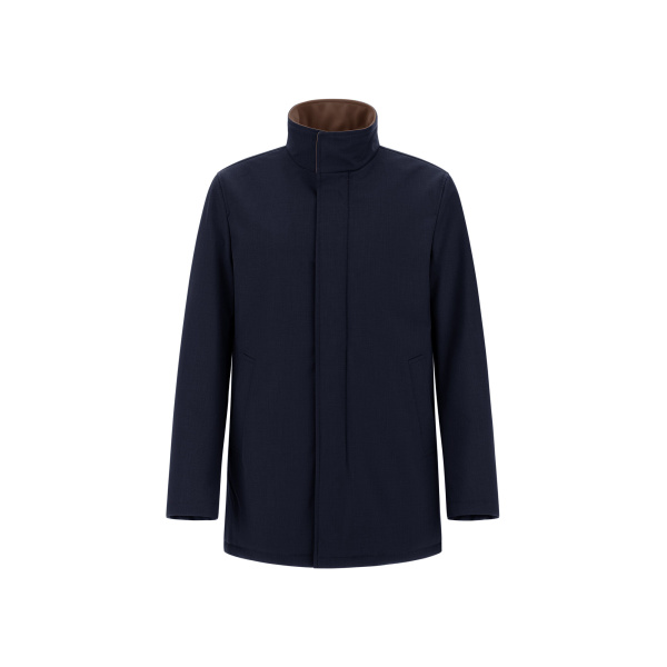 Herno Mélange Twill and Suede Effect Coat in Navy Blue | Men's Coats | Coveti