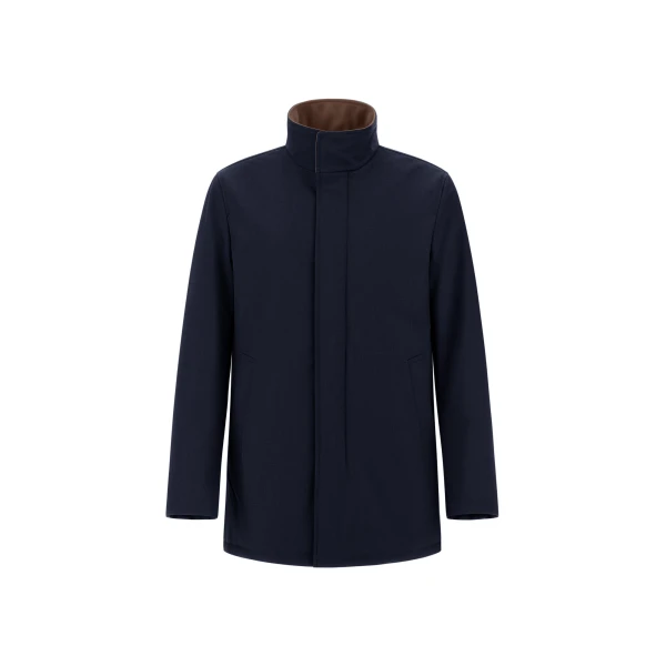 Mélange Twill and Suede Effect Coat in Navy Blue