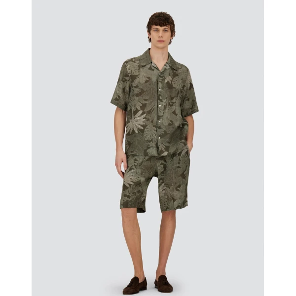 Herno Military and Sage Cargo Shorts in Fade-Effect Linen with Tropical Print | Men's Trousers | Coveti