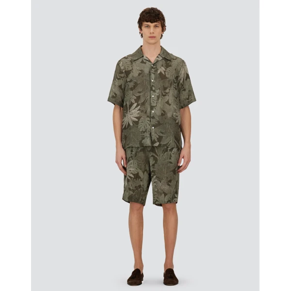 Herno Military and Sage Cargo Shorts in Fade-Effect Linen with Tropical Print | Men's Trousers | Coveti
