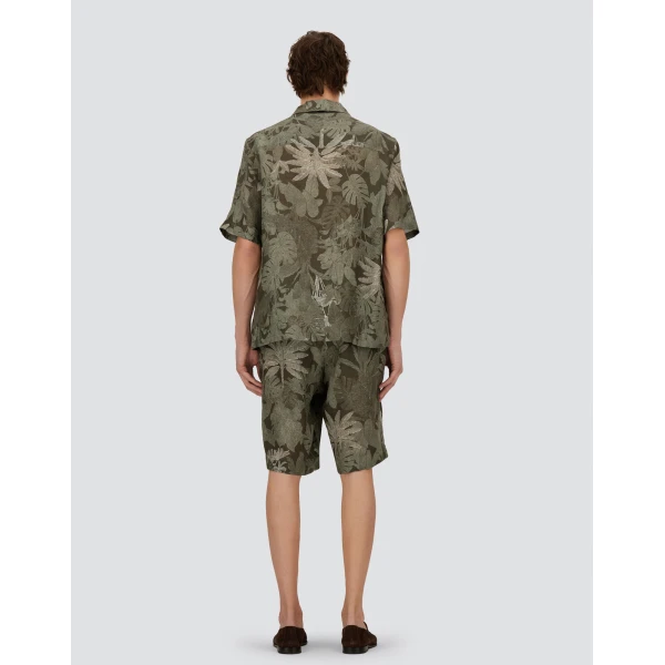 Herno Military and Sage Cargo Shorts in Fade-Effect Linen with Tropical Print | Men's Trousers | Coveti