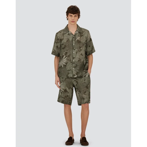 Herno Military and Sage Resort Shirt in Linen with Tropical Print | Men's Shirts | Coveti