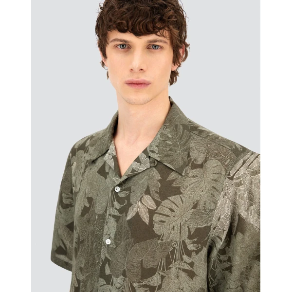 Herno Military and Sage Resort Shirt in Linen with Tropical Print | Men's Shirts | Coveti