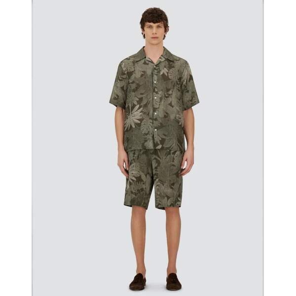 Herno Military and Sage Resort Shirt in Linen with Tropical Print | Men's Shirts | Coveti