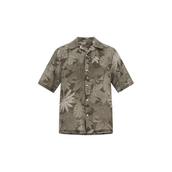 Herno Military and Sage Resort Shirt in Linen with Tropical Print | Men's Shirts | Coveti