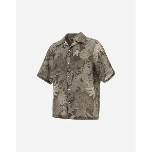 Herno Military and Sage Resort Shirt in Linen with Tropical Print | Men's Shirts | Coveti