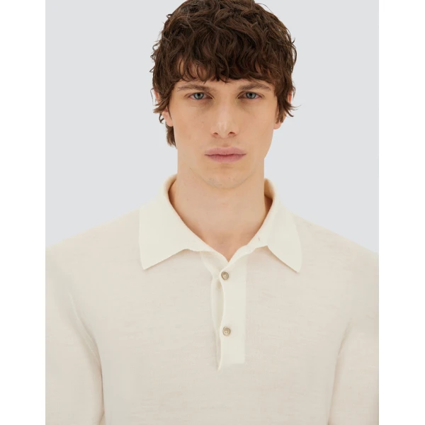 Herno Milk White Resort Polo Shirt in Wool and Silk Knit | Men's T-Shirts and Polos | Coveti
