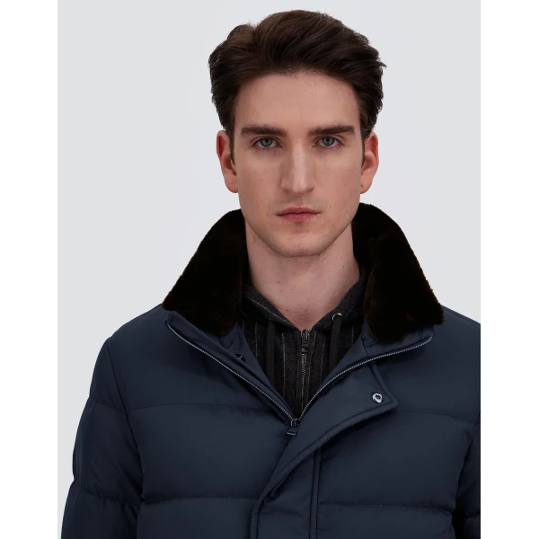 Herno Navy Blue Bomber Jacket in Arendelle and Faux Fur | Men's Jackets | Coveti