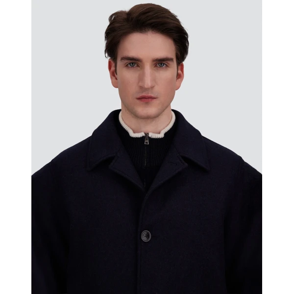 Herno Navy Blue Coat in Diagonal Wool Fabric | Men's Coats | Coveti