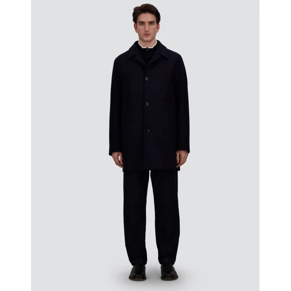 Herno Navy Blue Coat in Diagonal Wool Fabric | Men's Coats | Coveti