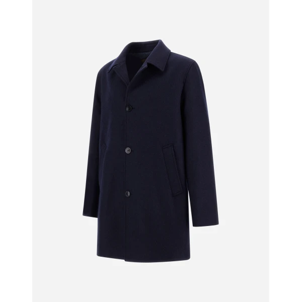 Herno Navy Blue Coat in Diagonal Wool Fabric | Men's Coats | Coveti