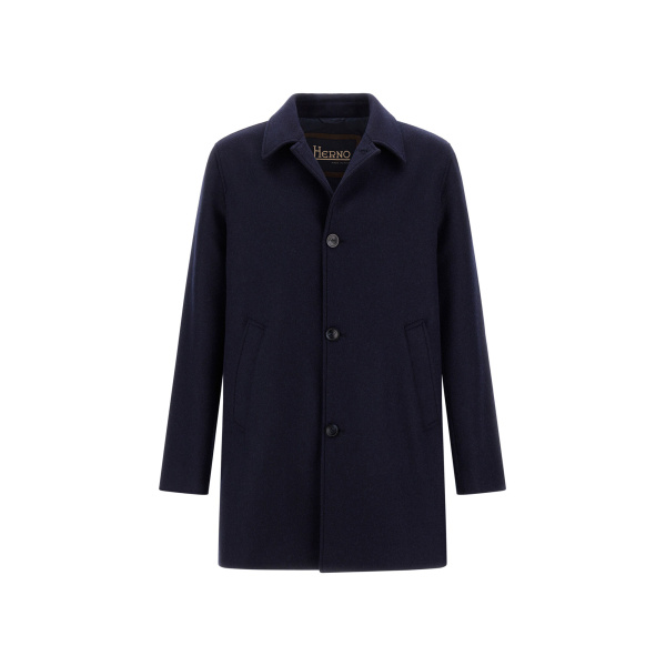 Herno Navy Blue Coat in Diagonal Wool Fabric | Men's Coats | Coveti