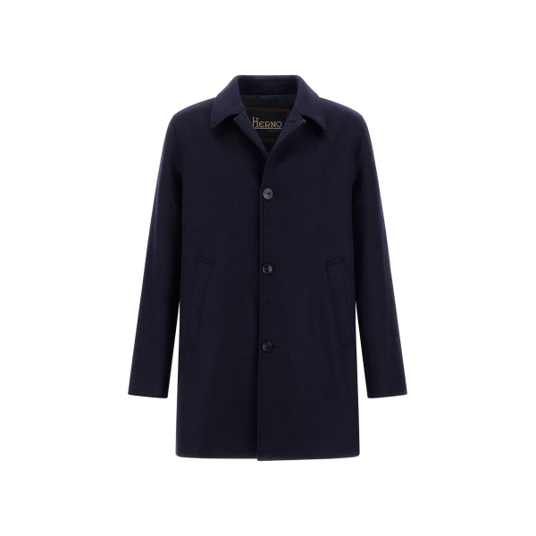 Herno Navy Blue Coat in Diagonal Wool Fabric | Men's Coats | Coveti
