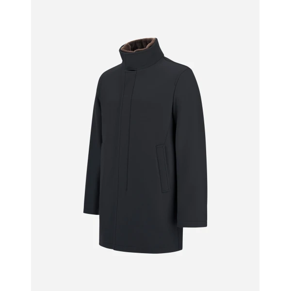 Herno Navy Blue Coat in Ecowool and Light Faux Fur | Men's Coats | Coveti