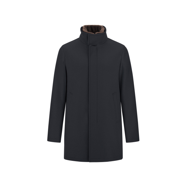 Herno Navy Blue Coat in Ecowool and Light Faux Fur | Men's Coats | Coveti