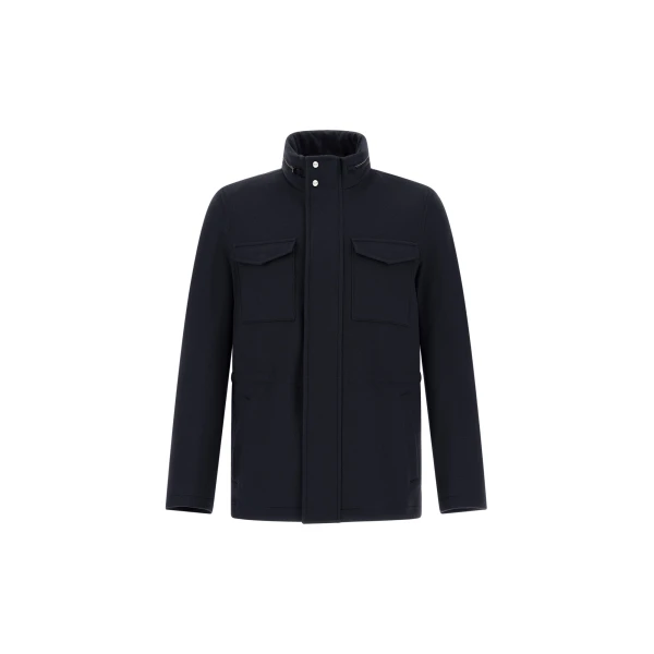 Navy Blue Field Jacket in Cashmere, Wool and Suede Effect