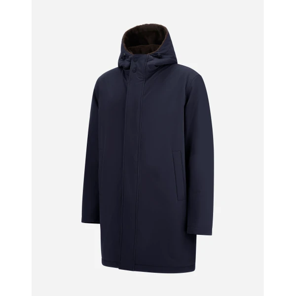 Herno Navy Blue Parka in Matte Twill and Light Faux Fur | Men's Coats | Coveti