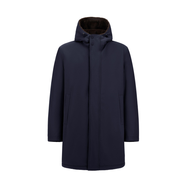 Herno Navy Blue Parka in Matte Twill and Light Faux Fur | Men's Coats | Coveti