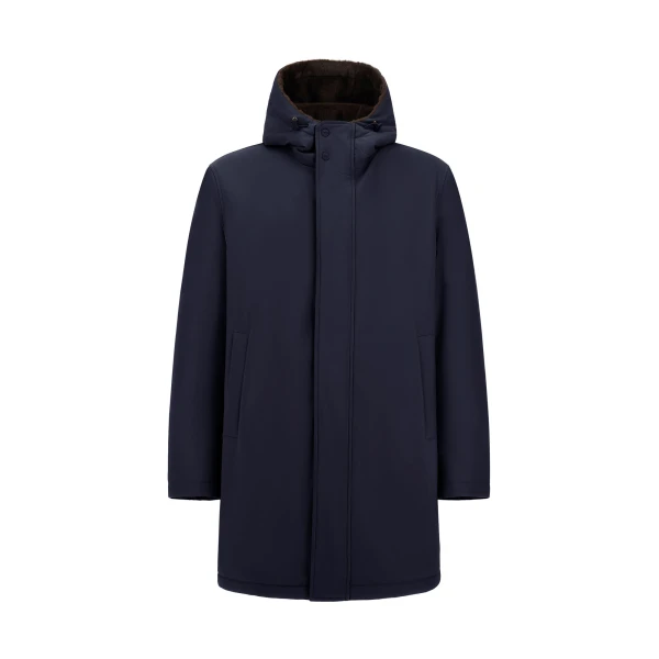 Herno Navy Blue Parka in Matte Twill and Light Faux Fur | Men's Coats | Coveti
