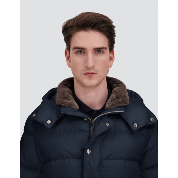 Herno Navy Blue Parka in Super-Matt Technical Fabric with Monogram | Men's Coats | Coveti
