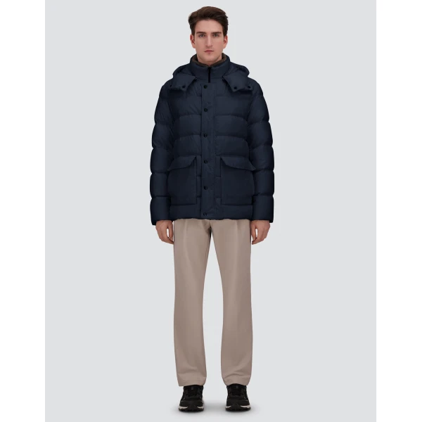 Herno Navy Blue Parka in Super-Matt Technical Fabric with Monogram | Men's Coats | Coveti