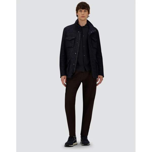 Herno Navy Blue Resort Field Jacket in Bouclé Wool Fabric and Suede-Effect Microfibre | Men's Jackets | Coveti
