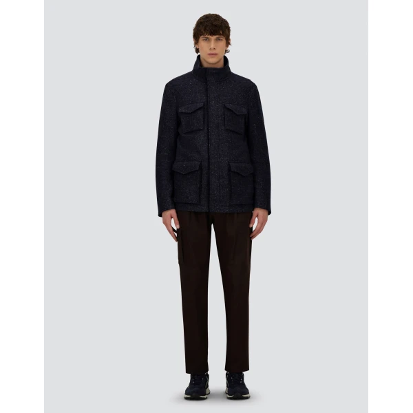 Herno Navy Blue Resort Field Jacket in Bouclé Wool Fabric and Suede-Effect Microfibre | Men's Jackets | Coveti